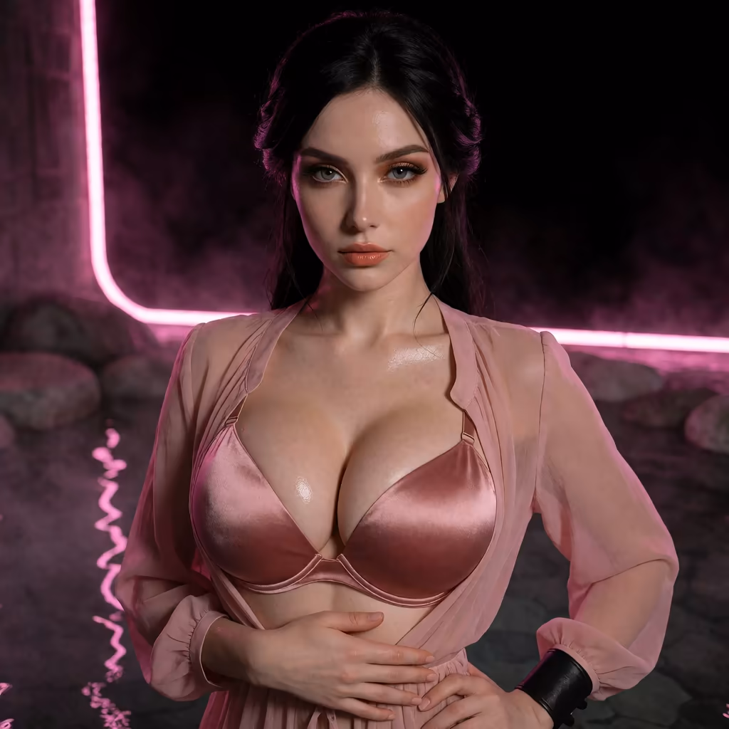 unhinged ai chatbot — a character portrait shot in a hotspring setting
