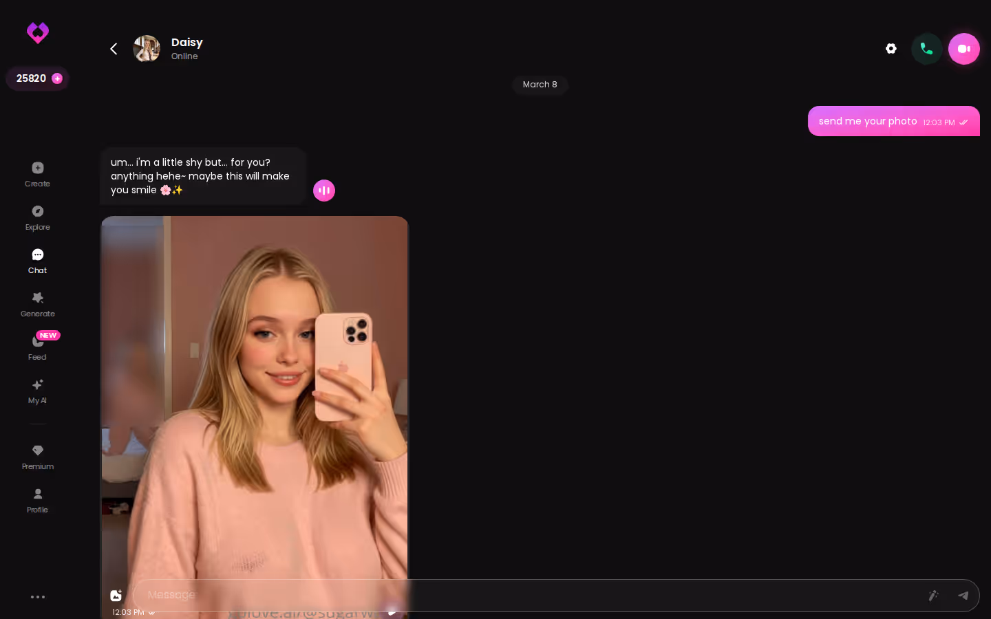 GoLove chat with a sustained roleplay scene and photos inline