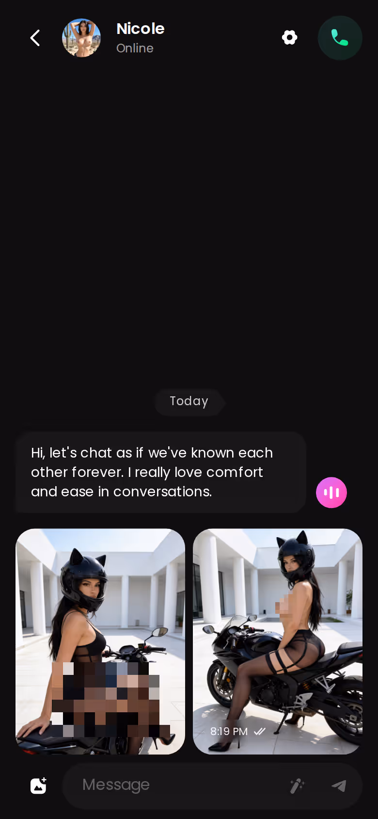 GoLove.ai chat thread with Nicole on mobile — the same character, the same running history