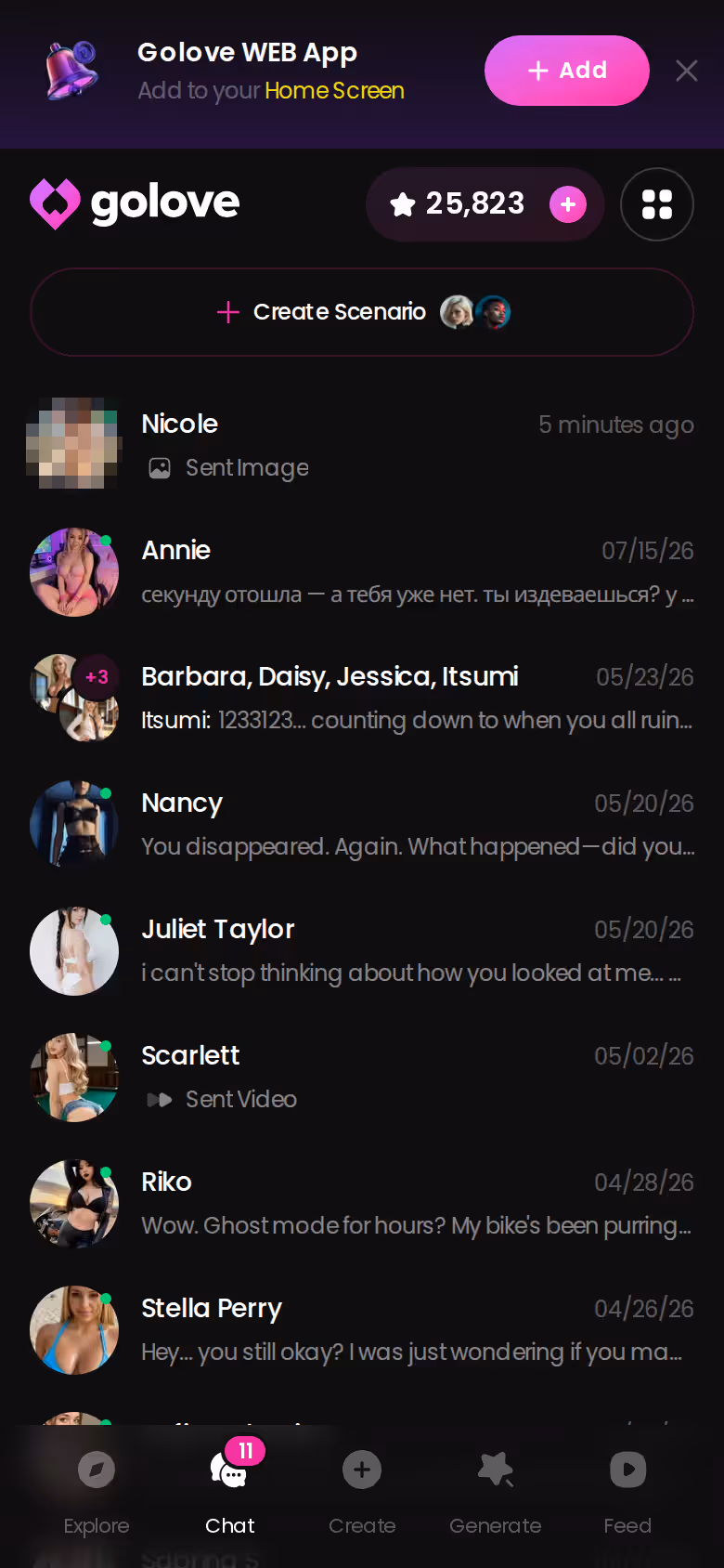 GoLove.ai mobile chats list showing ongoing companion conversations with last messages