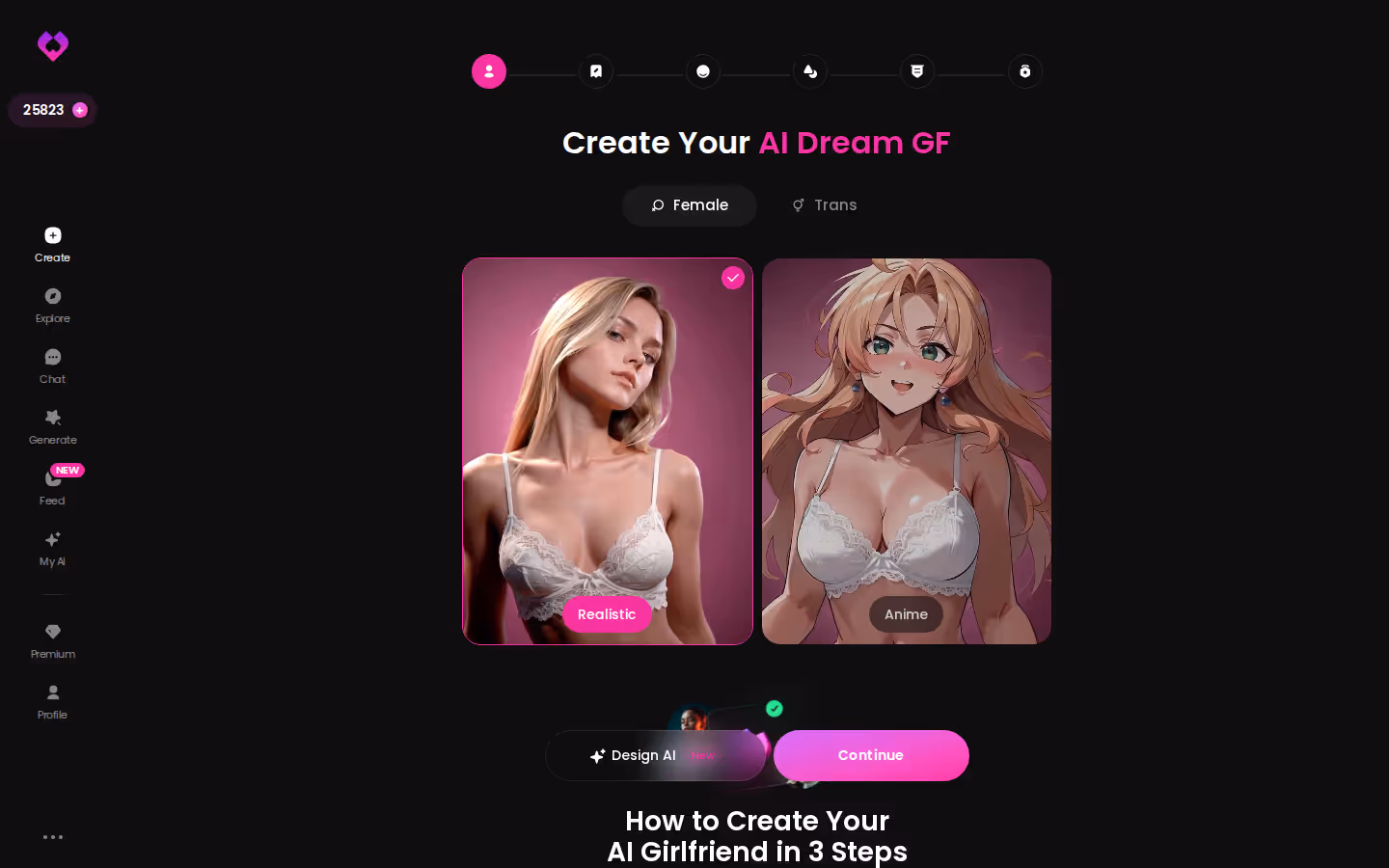 GoLove.ai create wizard — Female/Trans toggle, Realistic vs Anime cards, and the Design with AI shortcut