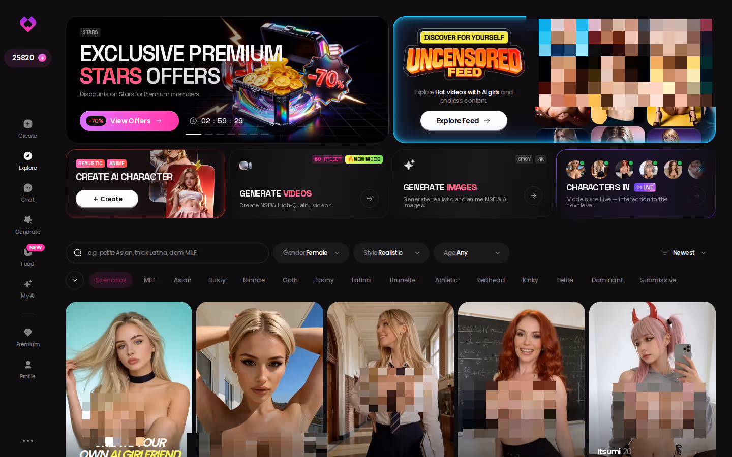 GoLove.ai Explore top — promo banners, tag filters and the character grid — big tits ai porn