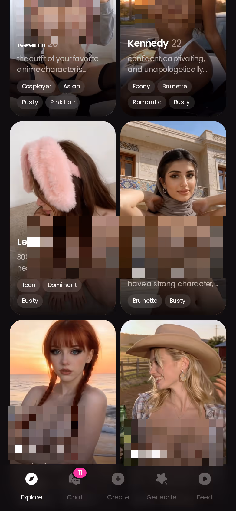 Mobile GoLove.ai Explore grid scrolled down — best sexting app