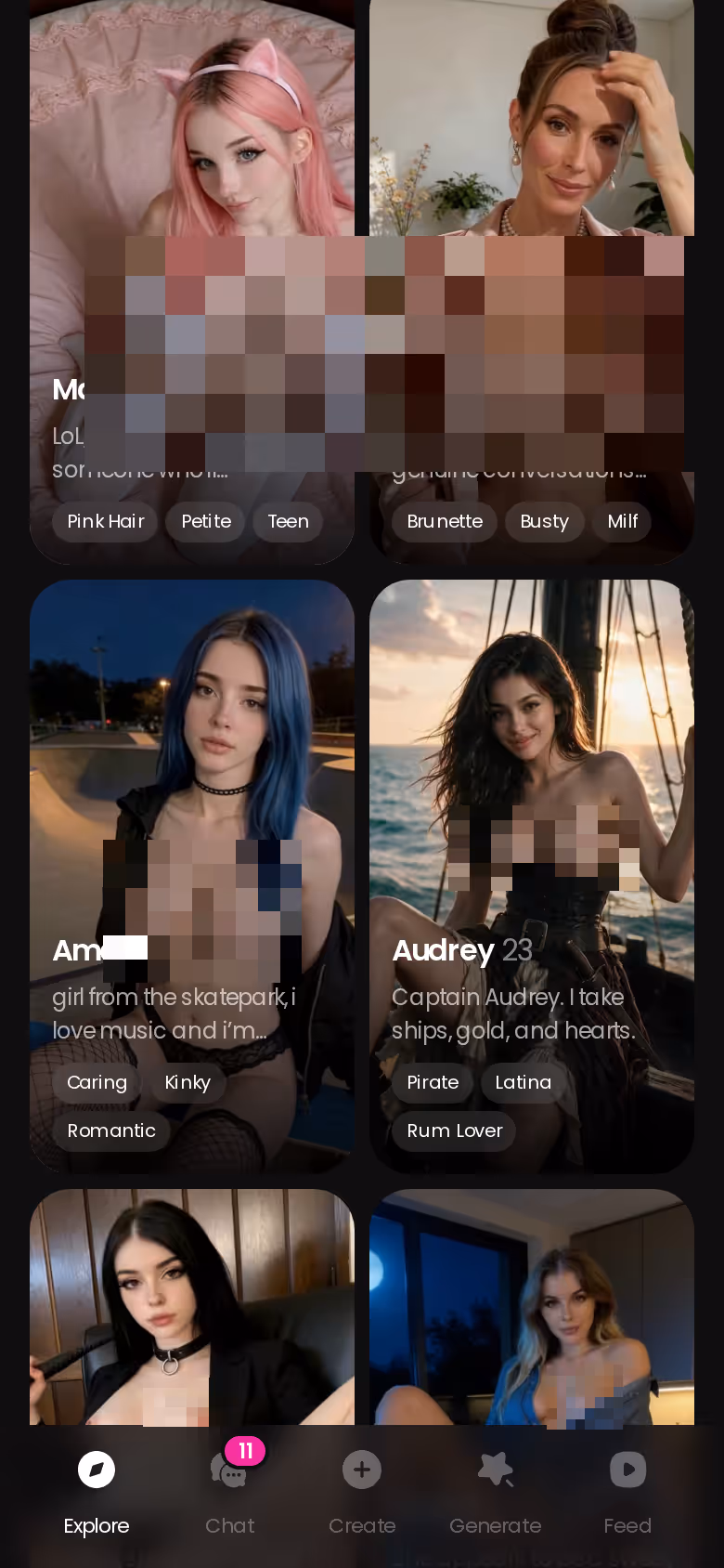 More of the mobile GoLove.ai Explore character grid — pix chat