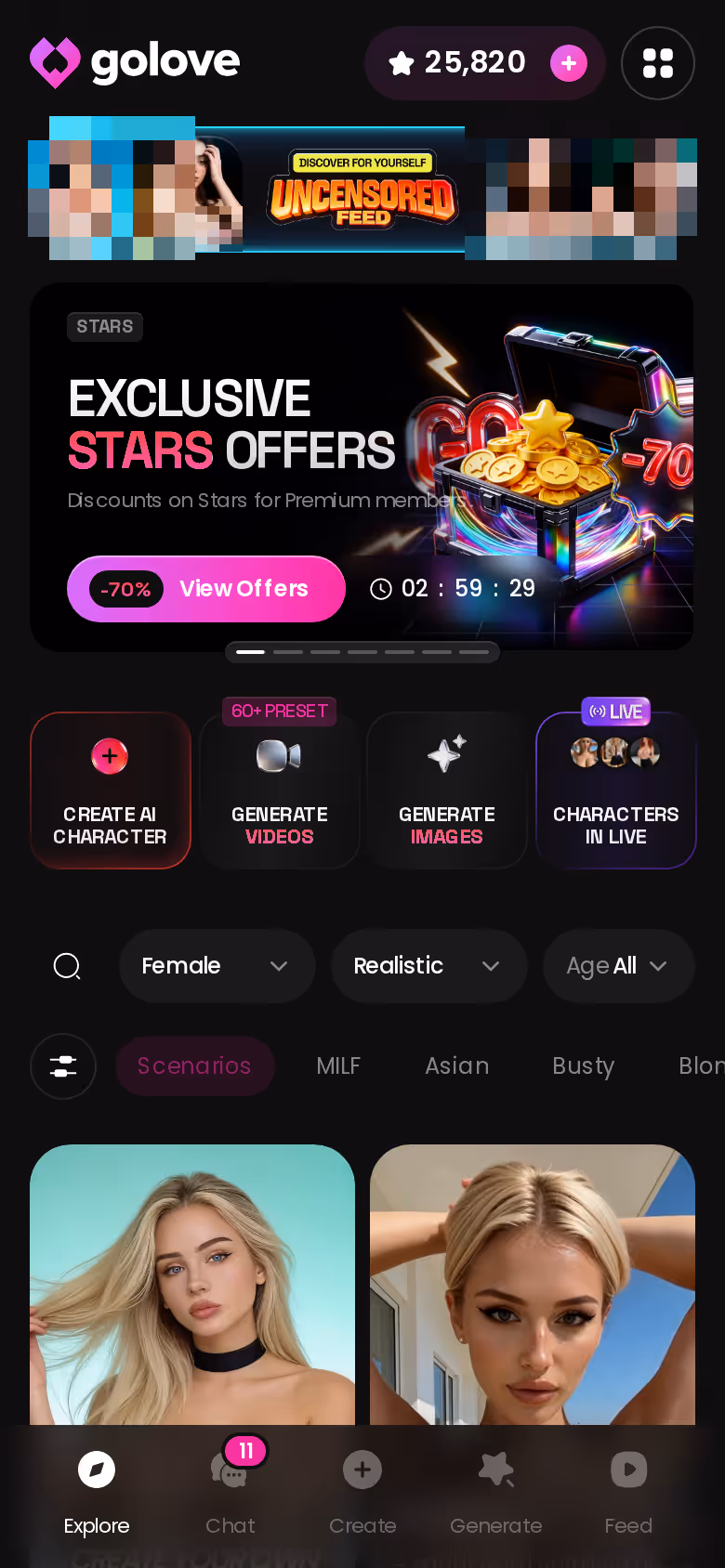 GoLove.ai Explore screen on mobile with banners, tag chips and a grid of realistic characters