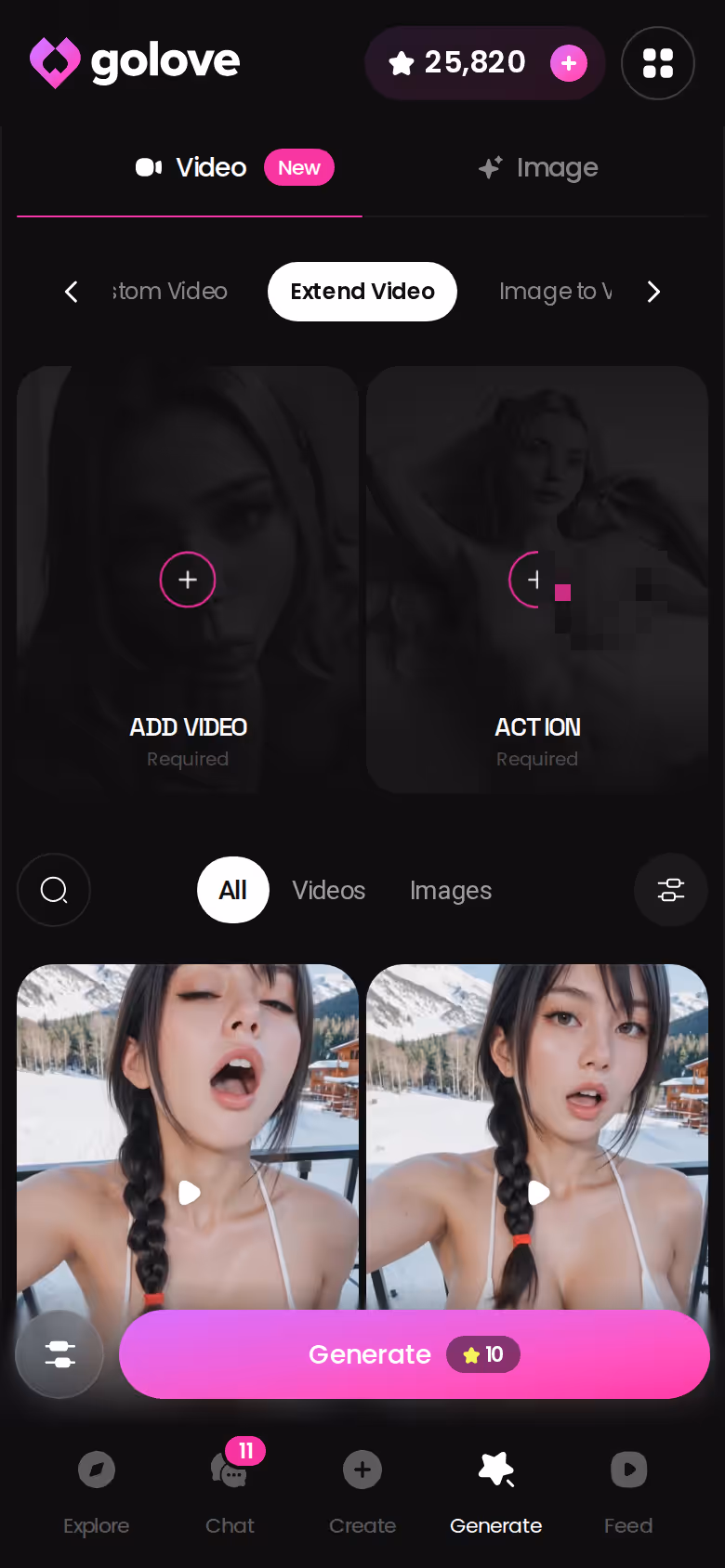 GoLove.ai Extend Video option on mobile for lengthening a generated clip