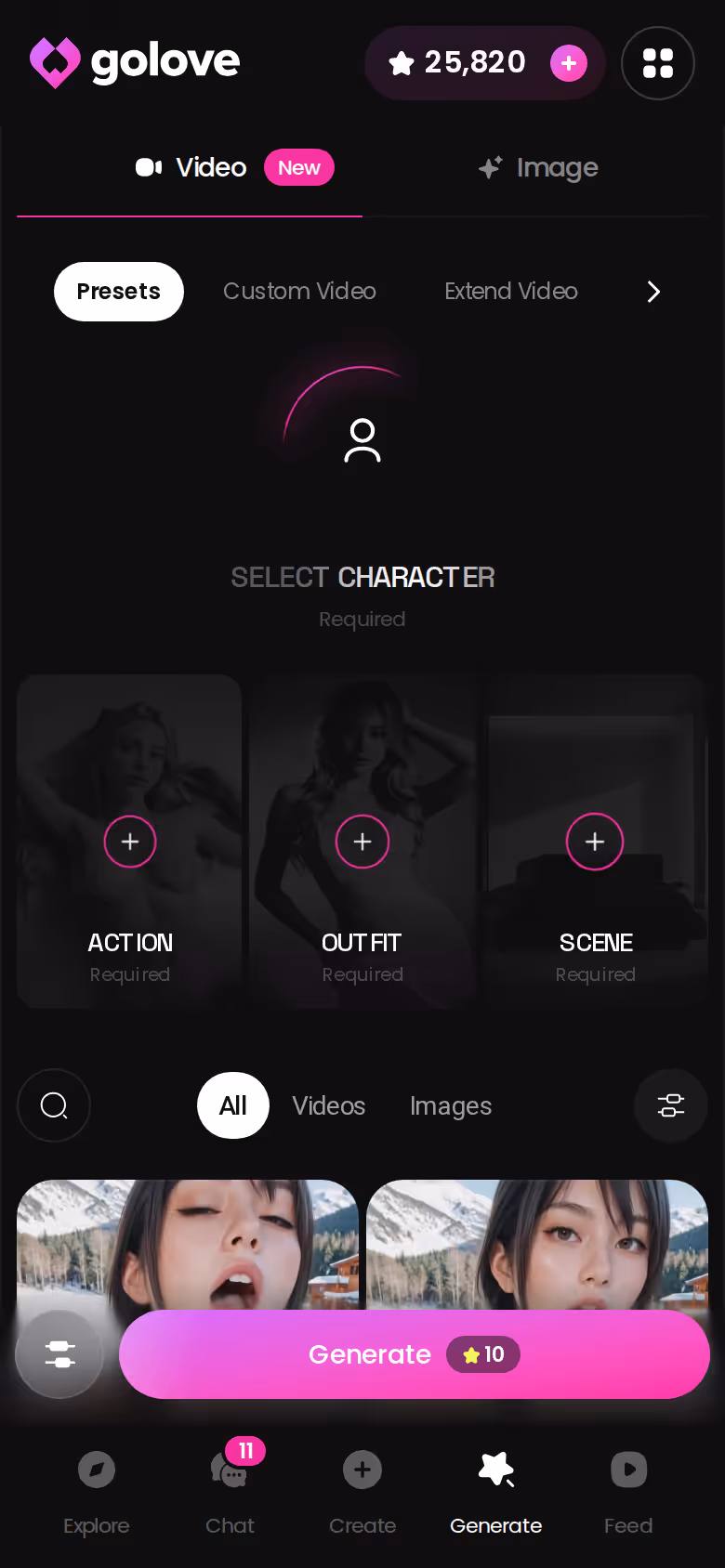 GoLove mobile Generate hub showing photo and video tools included with PRO