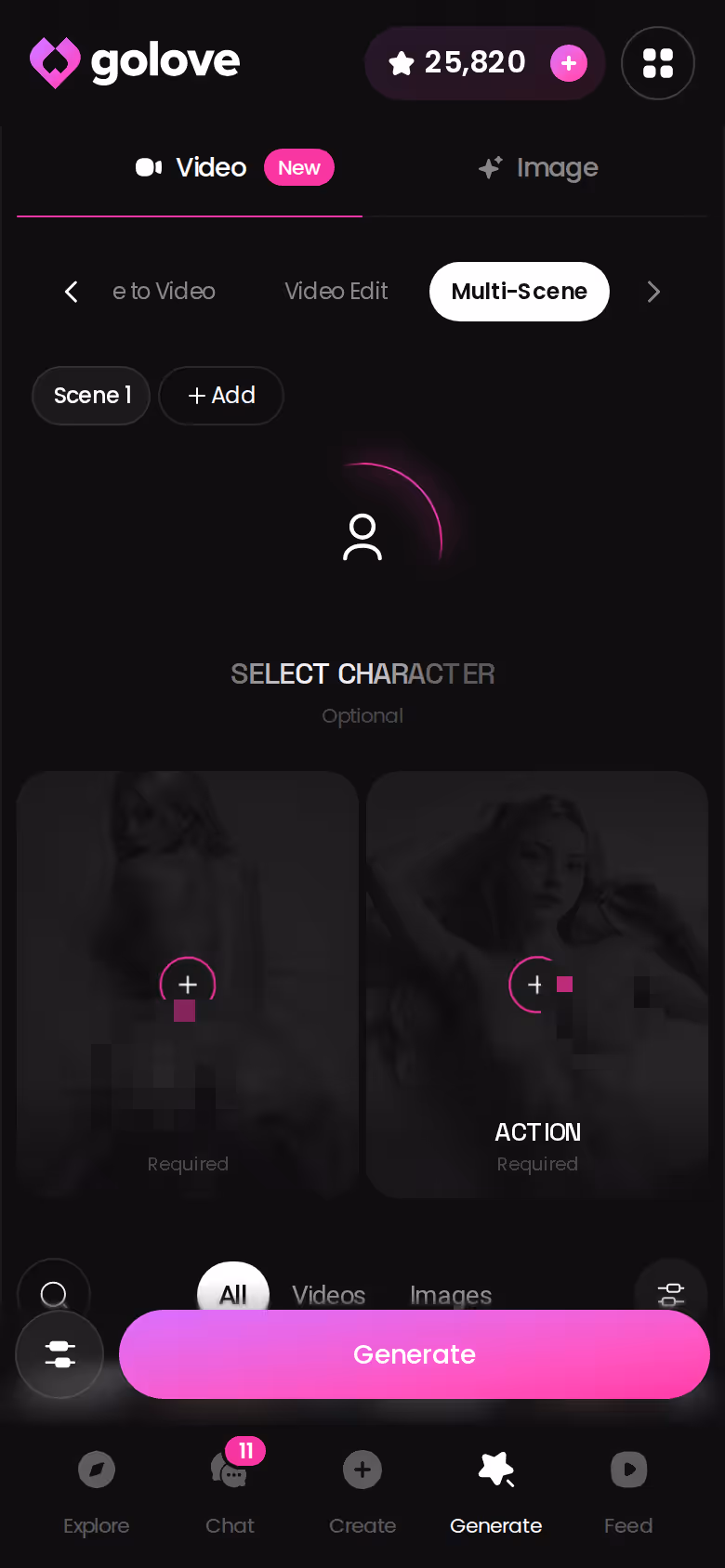 GoLove.ai generator on mobile — preset cards for pose, clothes and background before one Generate tap
