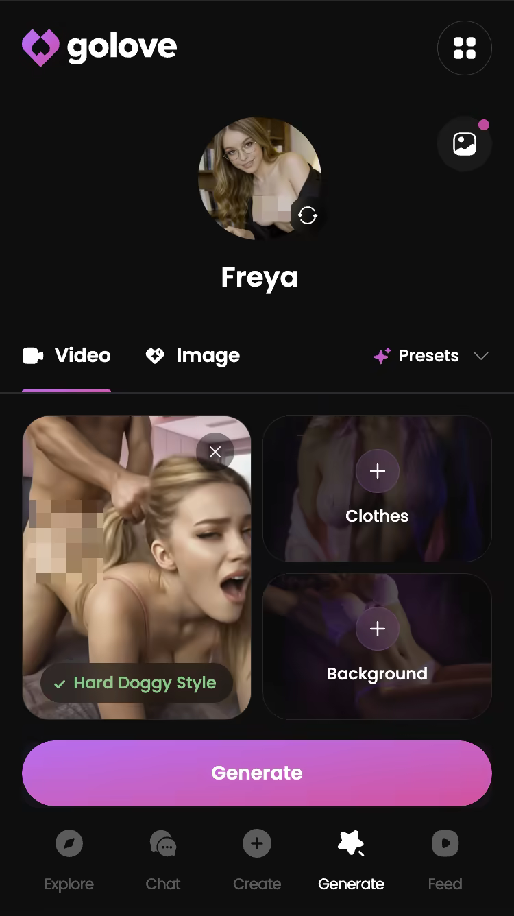 Explicit action preset selected in the GoLove.ai video generator — ai porn girlfriend