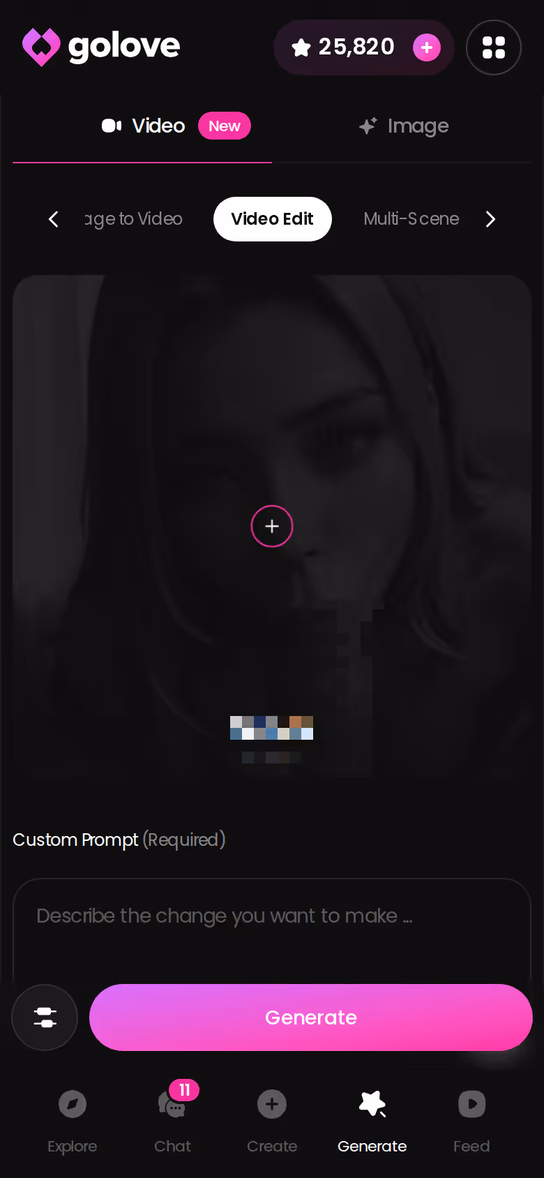 GoLove.ai video generator on mobile showing the Video Edit option